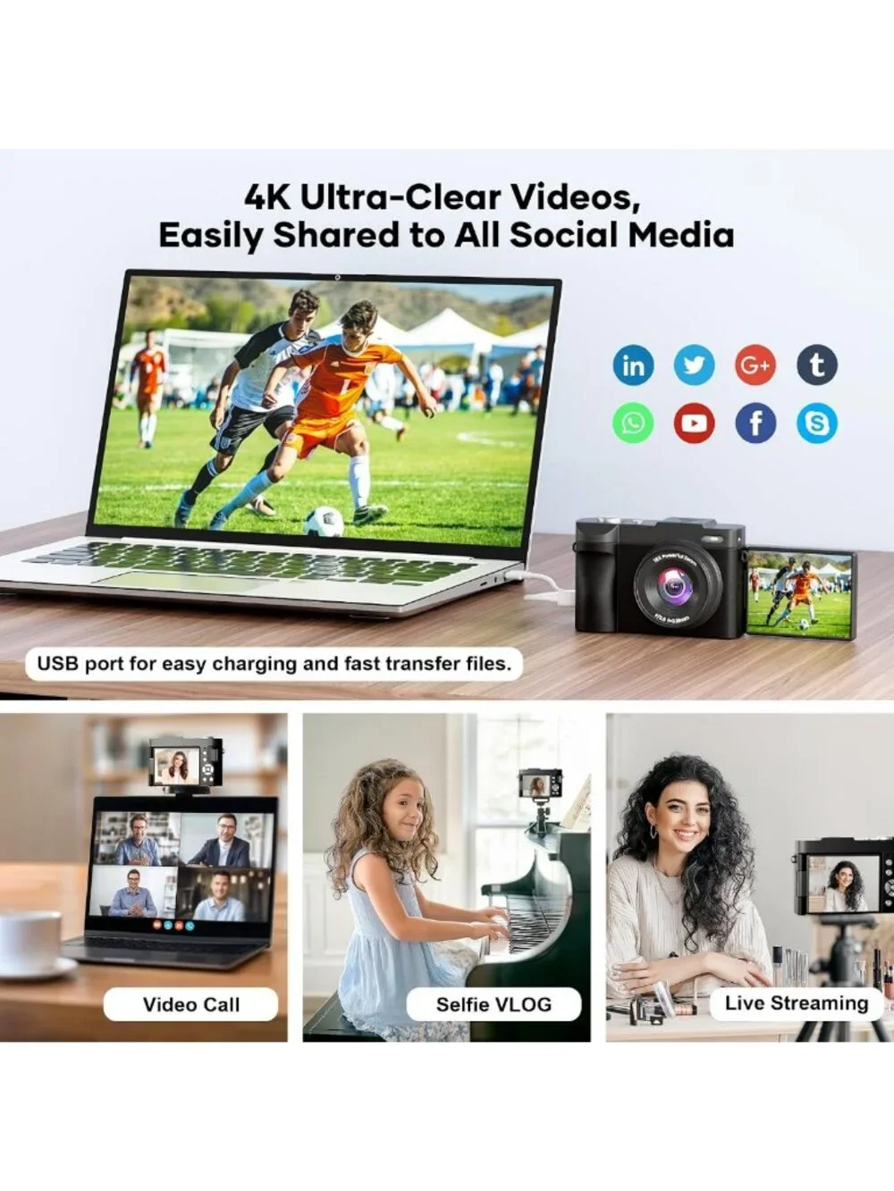 Compact 4K Digital Camera with 50MP, Auto-Focus, 180° Flip Screen & 16X Zoom